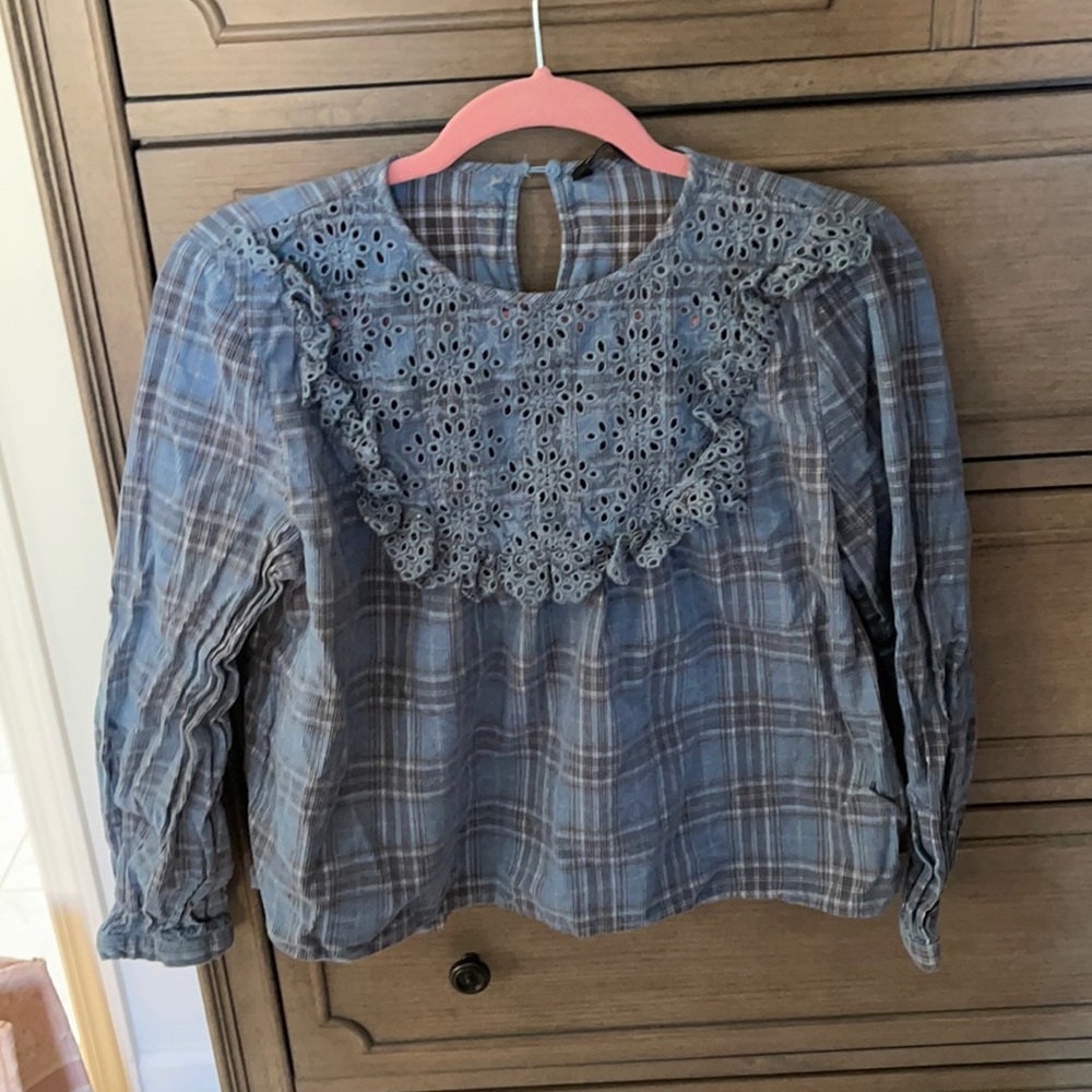 Zara Plaid Velvet Eyelet Detailed Top, size M
